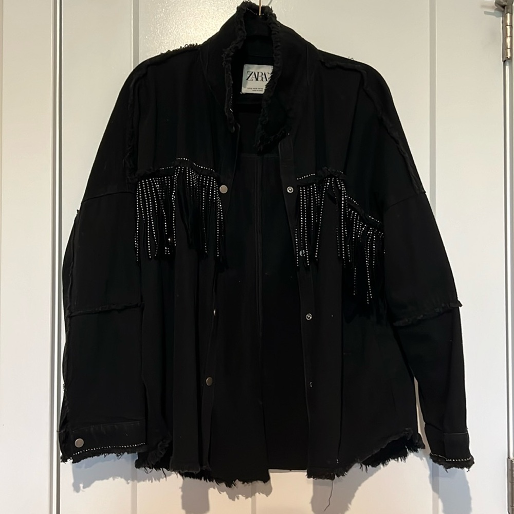 Zara black denim fringe jacket